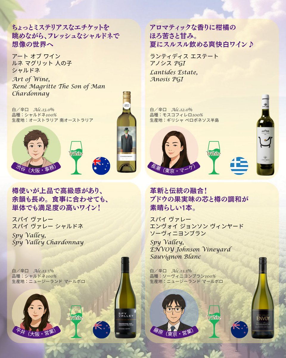 alcotrade's tweet photo. ワインは、社員の似顔絵イラスト付きでご紹介♪

※おすすめコメントは実際の声に基づいておりますが、イラストはイメージです。実際の人物とは異なります。ww https://t.co/GGxuwFmLOP