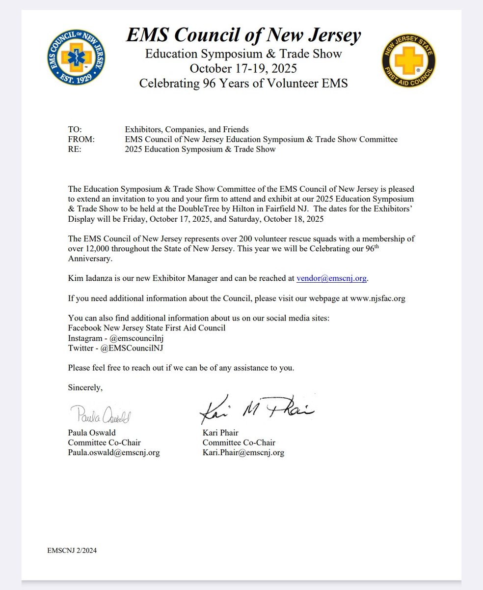 EMSCouncilNJ's tweet image. VENDORS & EXHIBITORS WANTED! COME JOIN THE FUN AT OUR TRADE SHOW OCT. 17 & 18 IN FAIRFIELD, NJ.