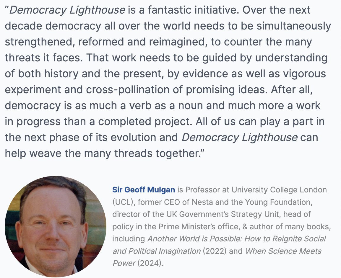 DemoLighthouse's tweet image. &apos;Democracy Lighthouse strives to be a rich depository of global information about the many scholars and hundreds of organisations and networks engaged in reimagining, advocating and researching the past, present and future of democracy&apos;. 

Below are some endorsements of our work.