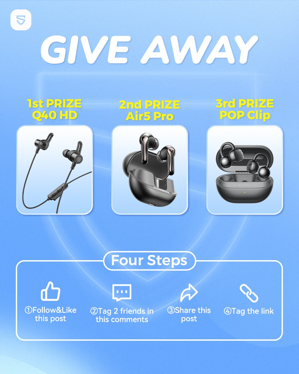 🎉 SOUNDPEATS Monthly GIVEAWAY is BACK! 
Win FREE Air5 Pro, Q40 HD &amp; POP Clip 🔥 
How to enter: 
1️⃣ Follow + Like 
2️⃣ Tag 2 friends 
3️⃣ Share + Tag us  
4️⃣ Enter 
👉 gleam.io/vV6hX/soundpea… 
🎧 Winner: July 27 
🍀 Good sound = good luck! 
#Giveaway #SoundPEATS #WirelessEarbuds