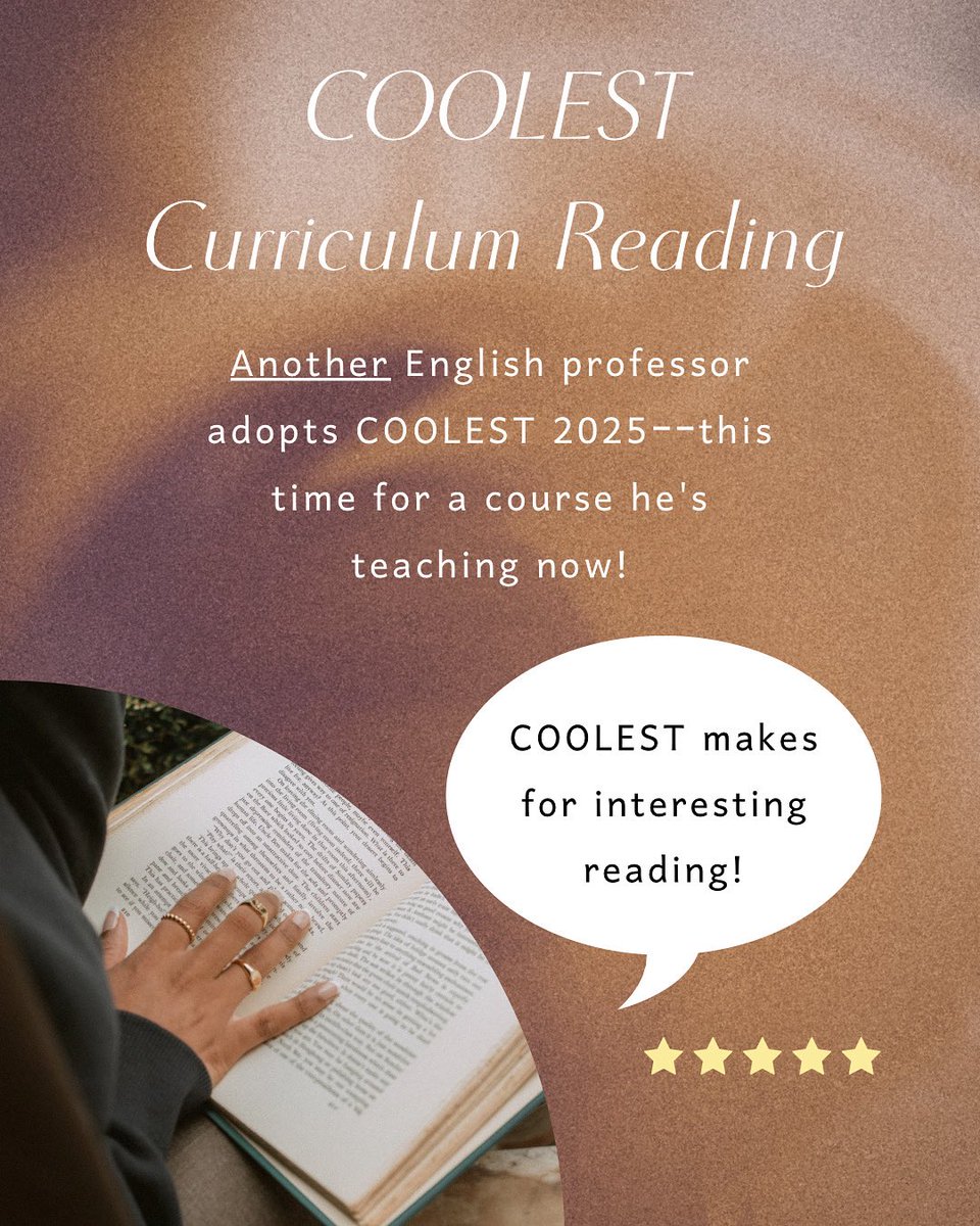 JustCoolStories's tweet image. COOLEST 2025 isn’t just for coffee tables—it’s landing on college syllabi across the country. ☕📖
Add it to your curriculum or your nightstand.
🔗 amzn.to/4958AFN
#CoolestAmericanStories #ShortStoryMagic #CollegeReading #ContemporaryLit #ModernAnthology…