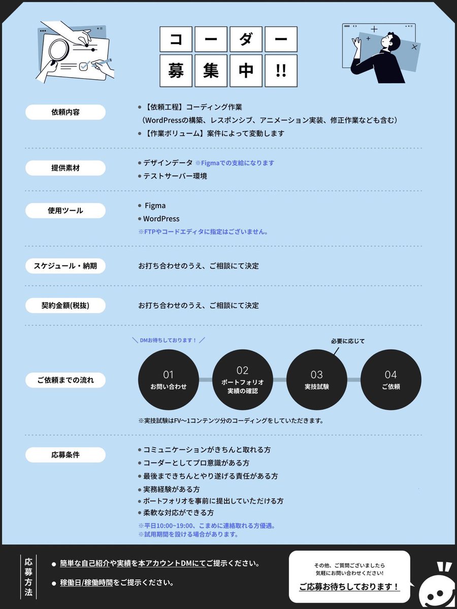 【急募！】
コーディングをお願いできる方を募集しています！💻
WordPressを使用したWebサイトの新規作成やページ展開、修正作業など幅広くお願いしたいです！

⚠ポートフォリオを事前にご用意・ご提示いただける方限定募集！

詳細は画像をチェック✅