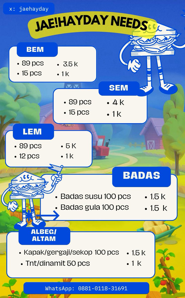 JAEHAYDAY's tweet image. 🍒New Pricelist 𝙹𝙰𝙴𝙷𝙰𝚈𝙳𝙰𝚈 🍒
Hayday Needs :
Ready Coin HayDay, DIAMOND , VOUCHER,  BEM/ Lumbung, SEM/Silo, LEM/Perluasan Lahan, Badas,  Altam dan Albeg yaa Farmers Chinggu👩🏻‍🌾

#seller #wts 
Hayday #zonauang️