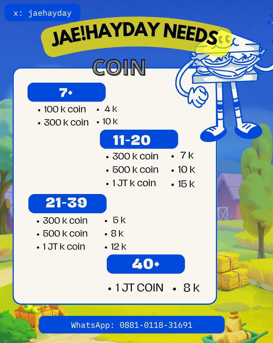 JAEHAYDAY's tweet image. 🍒New Pricelist 𝙹𝙰𝙴𝙷𝙰𝚈𝙳𝙰𝚈 🍒
Hayday Needs :
Ready Coin HayDay, DIAMOND , VOUCHER,  BEM/ Lumbung, SEM/Silo, LEM/Perluasan Lahan, Badas,  Altam dan Albeg yaa Farmers Chinggu👩🏻‍🌾

#seller #wts 
Hayday #zonauang️