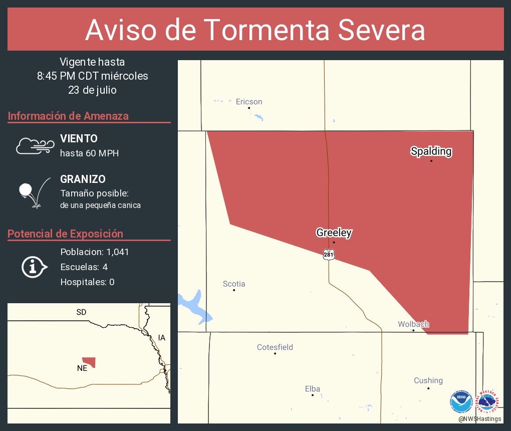 NWSHastings's tweet image. Aviso de Tormenta Severa continúa Spalding NE, Greeley NE hasta las 8:45 PM CDT