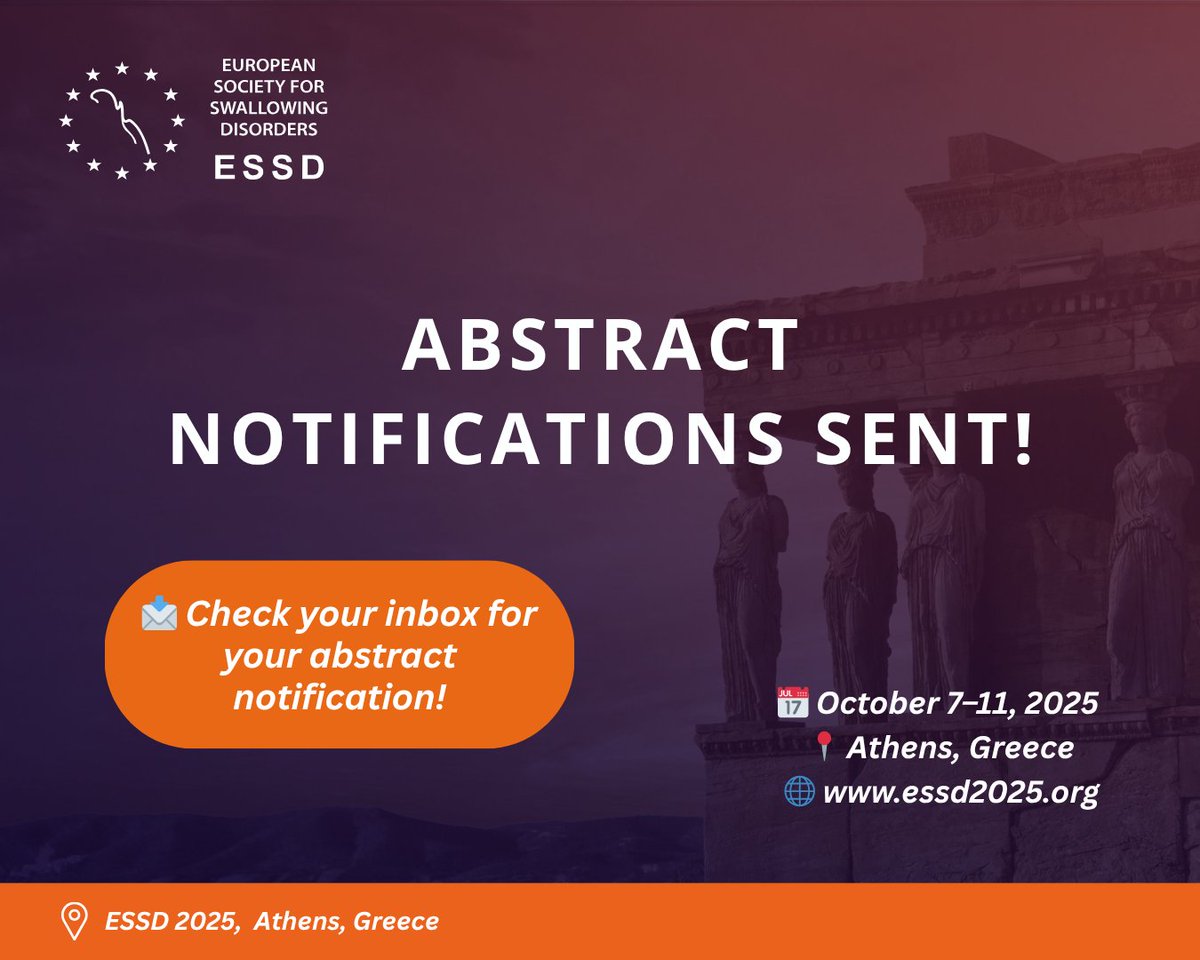 ESSD (@_essd_) on Twitter photo 📢 #ESSD2025 Abstract Notifications Are Out!! 📬
📥 Check your inbox to see if your abstract was accepted for oral or poster presentation. If you haven't heard from us, please contact: essd@kuonitumlare.com
🔗 essd2025.org
#Dysphagia #SwallowingDisorders #ESSD2025 📢 #ESSD2025 Abstract Notifications Are Out!! 📬
📥 Check your inbox to see if your abstract was accepted for oral or poster presentation. If you haven't heard from us, please contact: essd@kuonitumlare.com
🔗 essd2025.org
#Dysphagia #SwallowingDisorders #ESSD2025