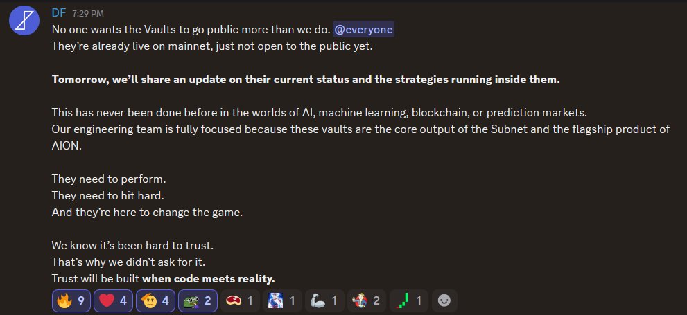 The $AION dev just confirmed a major update on vaults is dropping tomorrow 

They’re already live on mainnet, running real strategies

This isn’t a tease, it’s a signal. Something big is coming.
