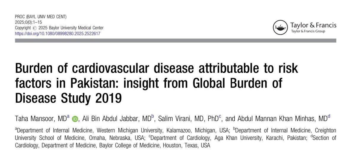 Pleased to share our published analysis of the burden of cardiovascular disease attributable to risk factors in Pakistan 🫀

<a href="/AbdulMannan5465/">Abdul Mannan Khan Minhas</a> <a href="/virani_md/">Salim Virani</a> <a href="/AliBAbdulJabbar/">Ali Bin Abdul Jabbar</a> 

🔗: tandfonline.com/doi/full/10.10…
