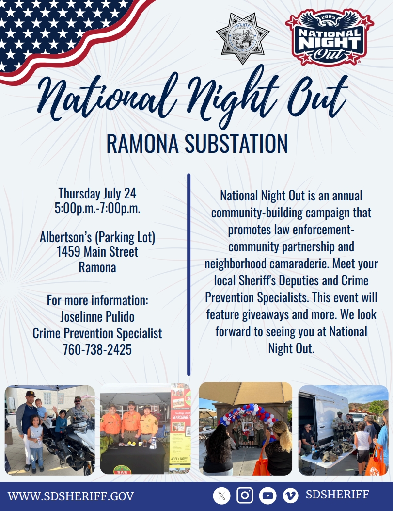 SDSheriff's tweet image. Hello Ramona! Join the Ramona Sheriff's Substation @SDSORamona for its National Night Out celebration on Thursday, July 24. We'll be at the Albertson's parking lot along Main Street from 5:00 p.m. to 7:00 p.m.
Come meet our Sheriff's Deputies, Crime Prevention Specialist,…