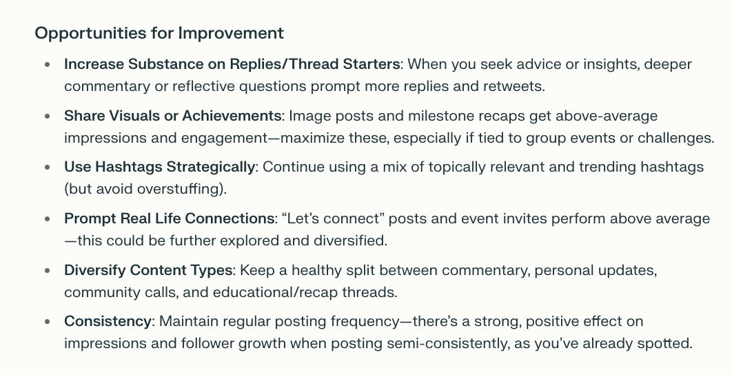 airdropangelx's tweet image. for anyone else building an x presence while building: some helpful feedback i got from @perplexity_ai after having it assess my x content data from the past few weeks (i do this periodically). feels like there's some value here, if you have done this recently i'd love to see 🧐…