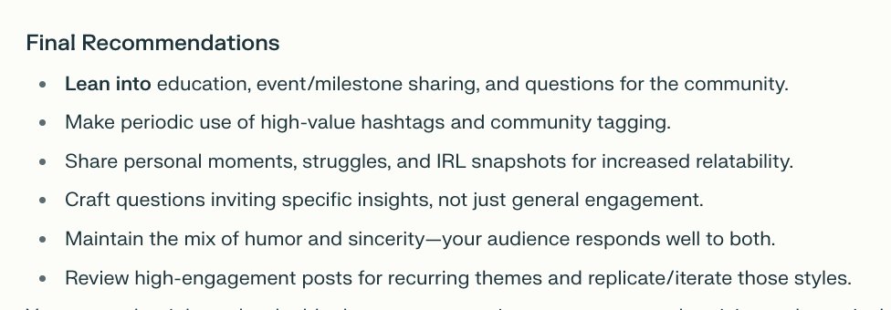 airdropangelx's tweet image. for anyone else building an x presence while building: some helpful feedback i got from @perplexity_ai after having it assess my x content data from the past few weeks (i do this periodically). feels like there's some value here, if you have done this recently i'd love to see 🧐…