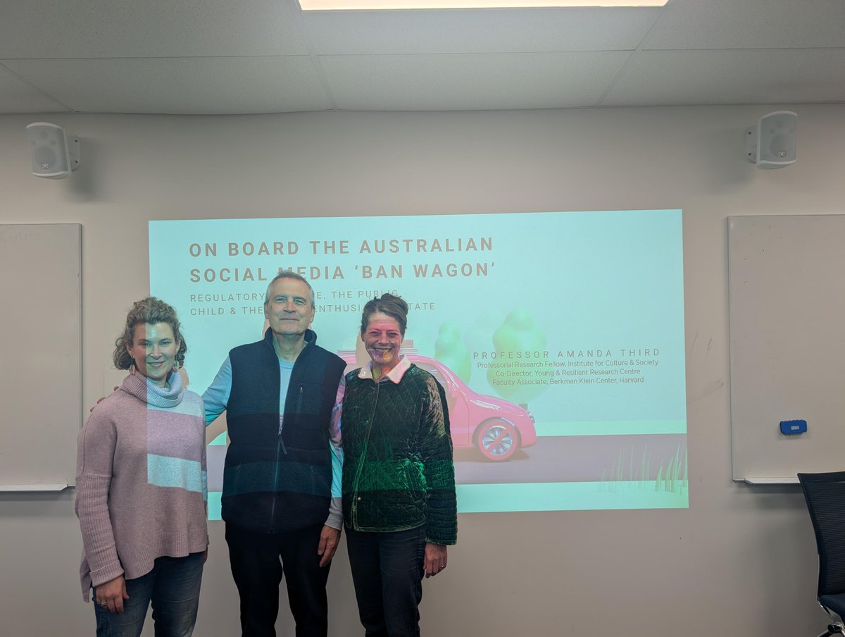 We're starting our Semester 2 program today with an exciting seminar titled "On Board the Australian Social Media Ban Wagon: Regulatory theatre, the public child and the hyper-enthusiastic state” by <a href="/amandaj3rd/">Amanda Third</a>. Thanks to our discussant <a href="/rowe_david/">David Rowe</a> &amp; chair <a href="/PhilippaCollin/">Philippa Collin</a>