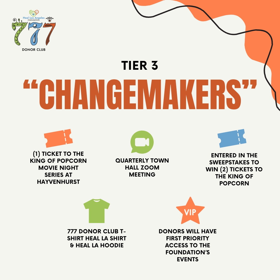 Be part of "Making That Change" by joining the 777 Donor Club today!

Tier 3 is $932.40 for the year, which breaks out to $77.70 per month! 

Donors in Tier 3 comes with (1) King of Popcorn Movie Night Series ticket!

Join Today: ow.ly/cspe50Vu5BG