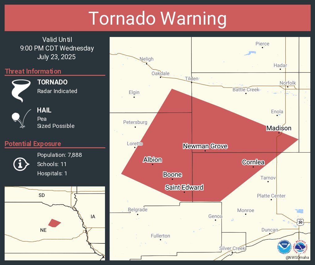 NWStornado's tweet image. Tornado Warning including Madison NE, Albion NE and Newman Grove NE until 9:00 PM CDT