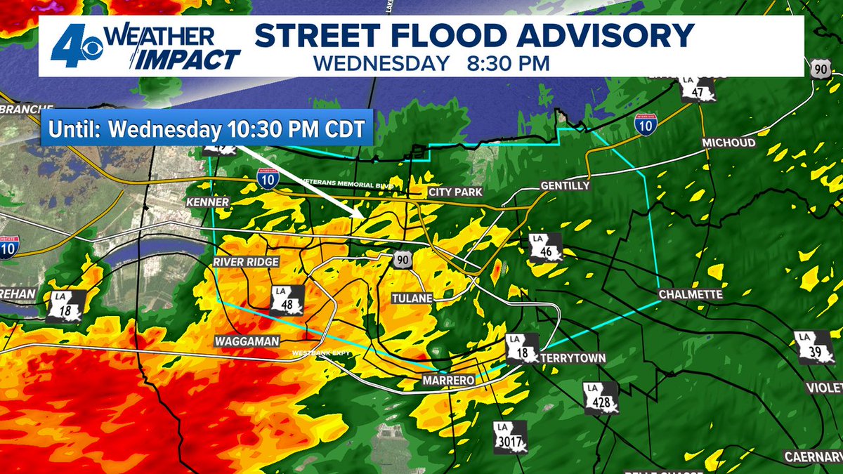 wwltvweather's tweet image. A Street Flood Advisory has been issued for parts of Orleans, Jefferson, St. Bernard until 7/23 10:30PM. Street flooding is possible in these areas. Don't drive through flooded roads. #BeOn4