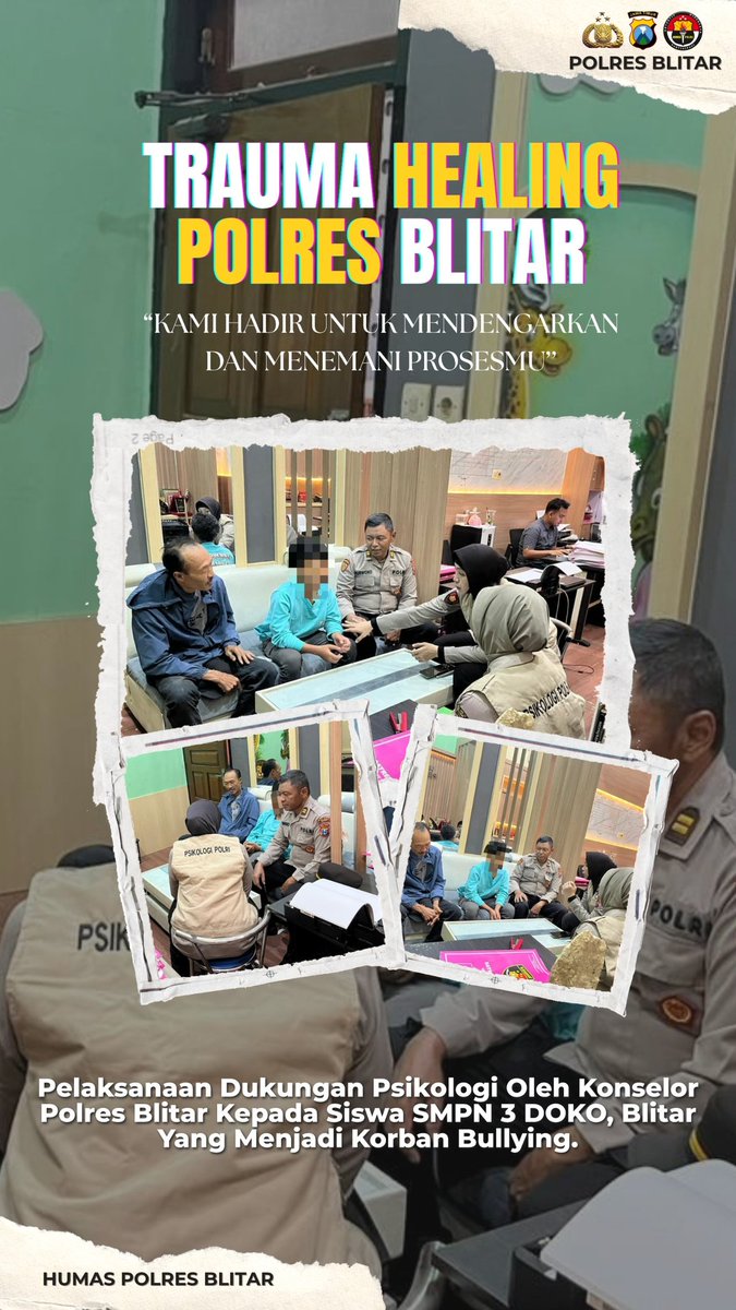 Trauma Healing Polres Blitar
"Kami Hadir Untuk Mendengarkan dan Menemani Prosesmu"
Melaksanakan Dukungan Psikologi oleh Konselor Polres Blitar kepada Siswa SMPN 3 Doko Kab. Blitar yang menjadi Korban Bullying.
~ call center 110 bebas pulsa atau bisa
~ 0812 2913 2005
