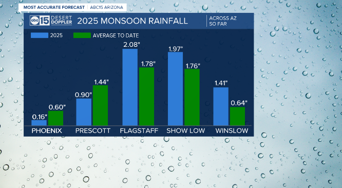 AmberSullins's tweet image. Monsoon 2025 update:
Phoenix is running below normal for rainfall so far with just 0.16" at Sky Harbor.
Flagstaff, Show Low and Winslow are doing pretty good rainfall-wise.
We are heading into a dry spell for the next several days, but rain chances will return next week.