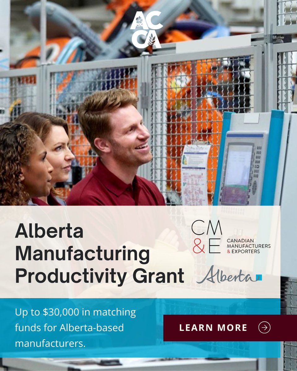 New Grant Alert: Alberta manufacturers can now access up to $30,000 in matching funds to boost productivity!

<a href="/YourAlberta/">Alberta Government</a> <a href="/cme_mec/">CME-MEC</a> 

Open to SMEs across all sectors.

More info:
cme-mec.ca/alberta-manufa…
