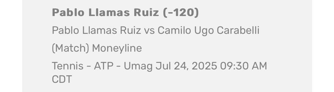 ATP Umag MAX Bet🇭🇷🎾 

🚨Collab with <a href="/betlegend_/">Bet Legend</a>🚨

3U 🇪🇸Pablo Llamas Ruiz ML -120

Reasoning⬇️

Pablo Llamas Ruiz has looked sharp this week, dropping just one set across four matches—two in the main draw and two in the qualifiers. He holds a 1-0 head-to-head record over Ugo