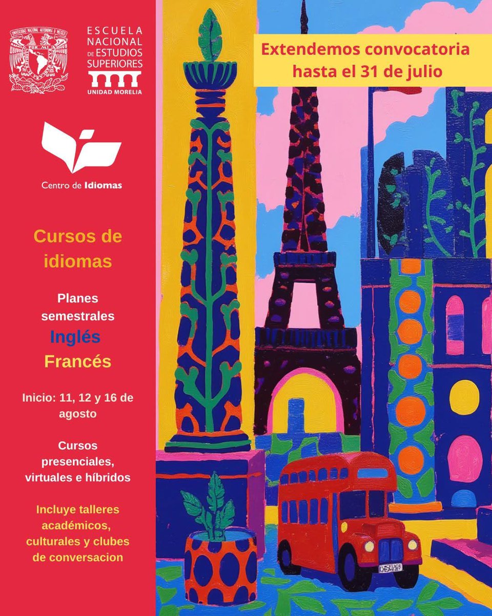 ¡Buenas noticias! 🎉
¡Extendimos la convocatoria hasta el 31 de julio!

🇬🇧Aprende Inglés y Francés en el Centro de Idiomas de la #ENESMoreliaUNAM 🇫🇷

💻Modalidades: presencial, virtual e híbrida.

Consulta la convocatoria aquí 👇
bit.ly/CIEM_ENESMOREL…