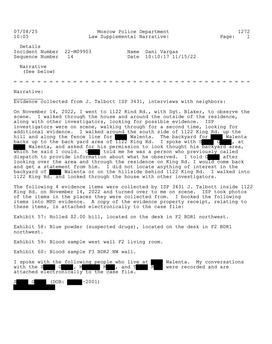 rise4thespiral's tweet photo. #Supplemental #Narrative - Officer (Detective?) Vargas - walked through the scene, spoke with a neighbor, took #rolled bills, blue #powder, #blood samples in to #evidence. More discussion of (presumably) #Murphy Anyone know who's room was labeled as "BDR1" and "BDR2"? #Idaho4 #Idaho #BryanKohberger #Kohberger
