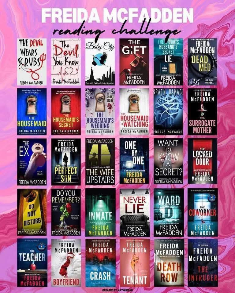 DiggerKPs139's tweet image. In case any other #FreidaMcFadden readers want a list of her books. Here is one that includes her new release in October. I only started reading her books in May and I am finishing book number 8.