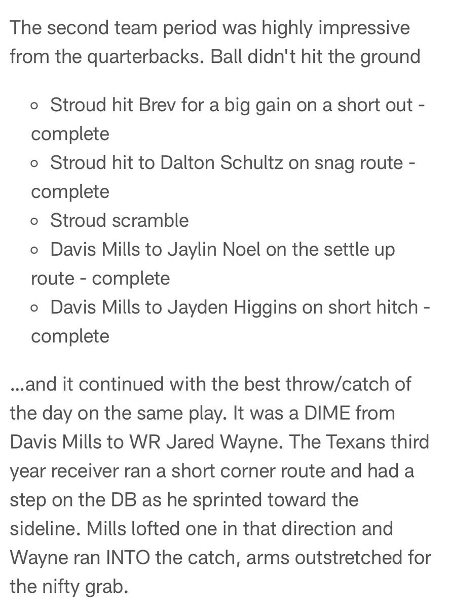 Texans offense didn’t have many wins in Training Camp last year so in day 1 (even without pads) getting a good day in is a success.

Getting the TEs &amp; new WRs involved could be a big win for the offense longterm along with Nico/Mixon/Kirk as weapons. 

(Via John Harris)