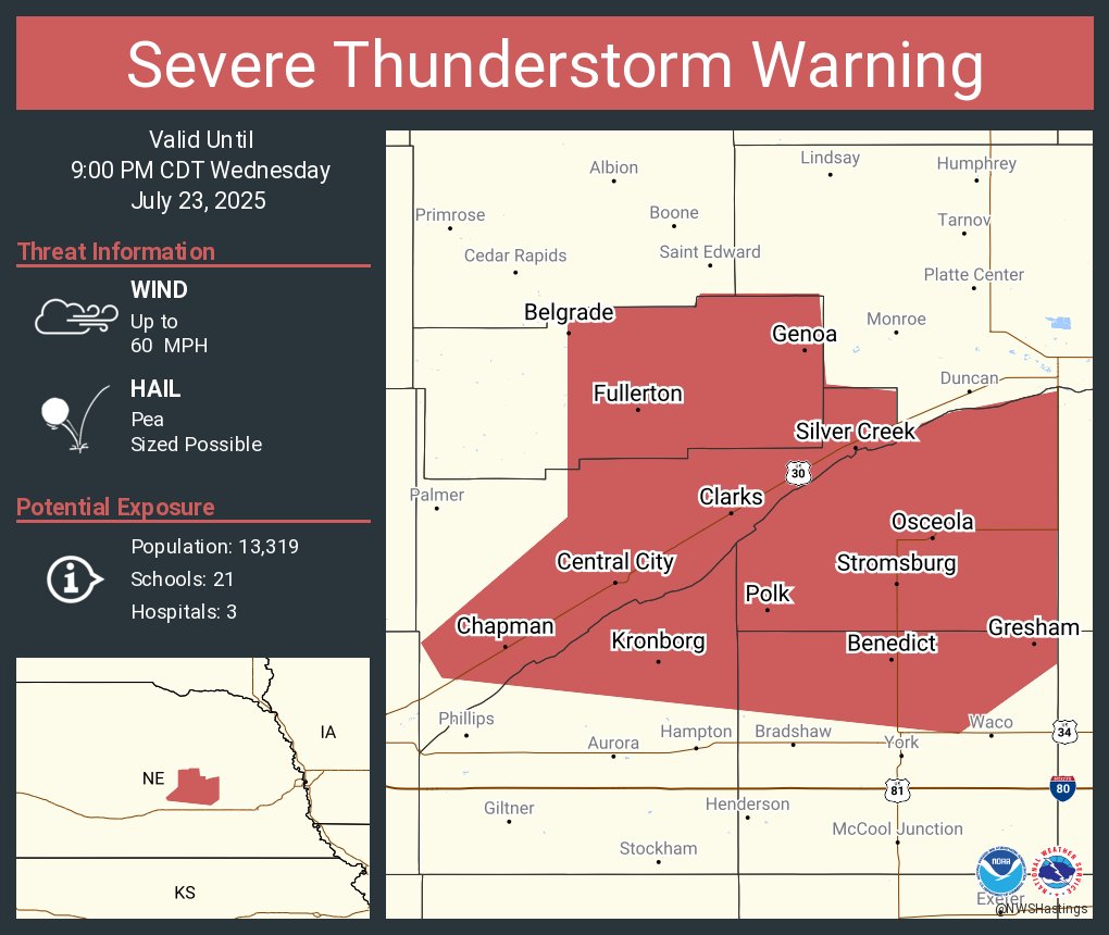 NWSHastings's tweet image. Severe Thunderstorm Warning continues for Central City NE, Fullerton NE and Stromsburg NE until 9:00 PM CDT