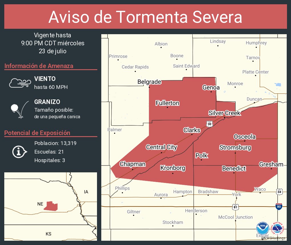 NWSHastings's tweet image. Aviso de Tormenta Severa continúa Central City NE, Fullerton NE, Stromsburg NE hasta las 9:00 PM CDT