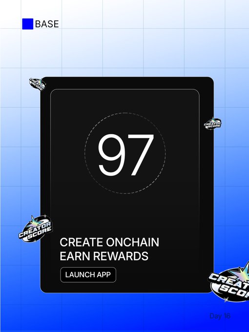 Creator Score design showcasing a 97 score on Base blockchain