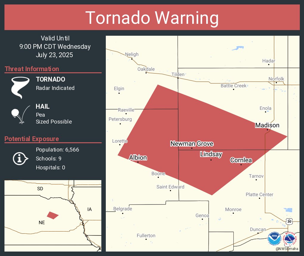 NWStornado's tweet image. Tornado Warning continues for Madison NE, Albion NE and Newman Grove NE until 9:00 PM CDT
