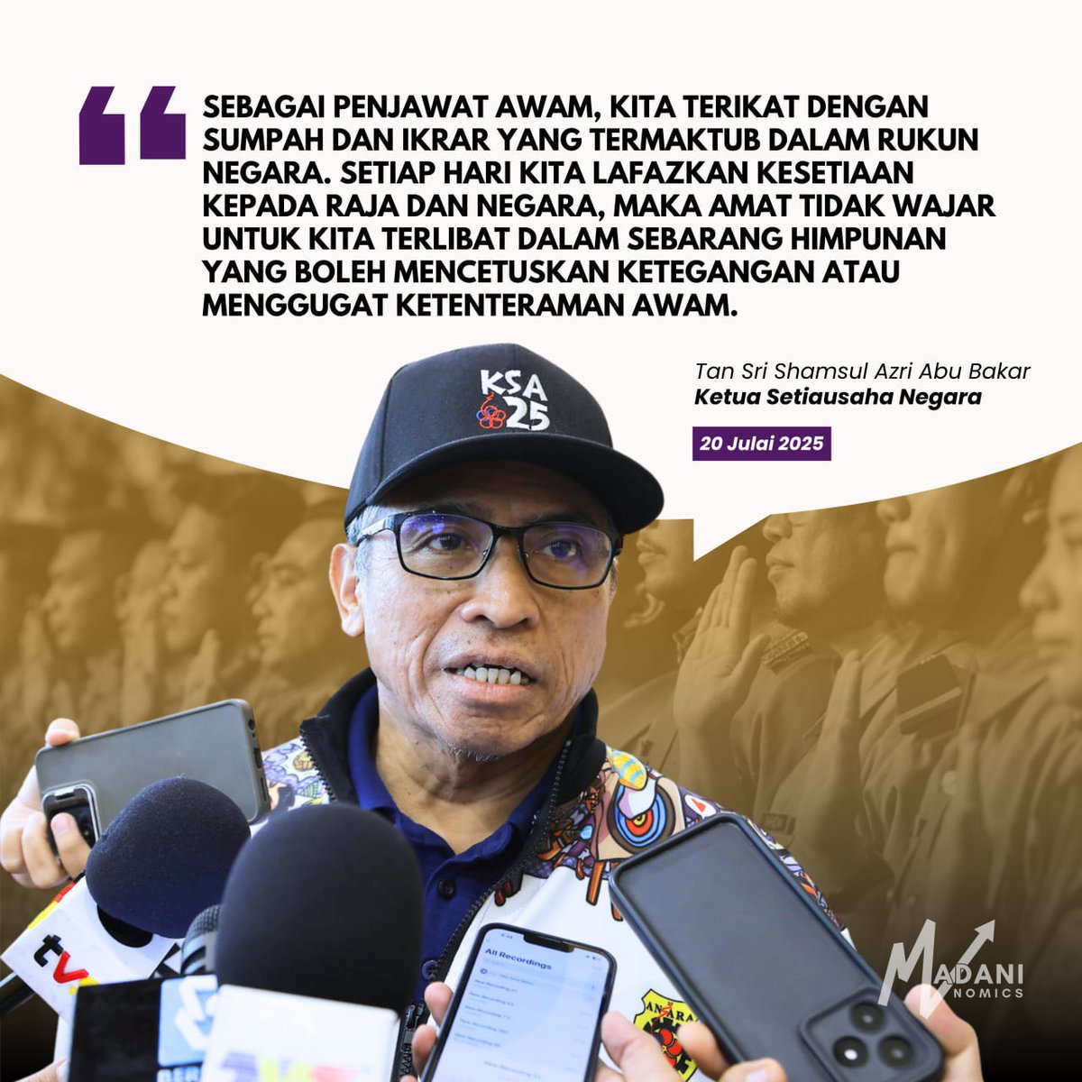 MadaniNomics's tweet image. MNNews 🌐 Penjawat Awam Diingatkan Taat Ikrar, Elak Sertai Himpunan – KSN
Ketua Setiausaha Negara, Tan Sri @shamsulazribakr menegaskan bahawa penjawat awam tidak wajar menyertai sebarang himpunan yang boleh mencetuskan ketegangan atau menggugat ketenteraman awam, termasuk…