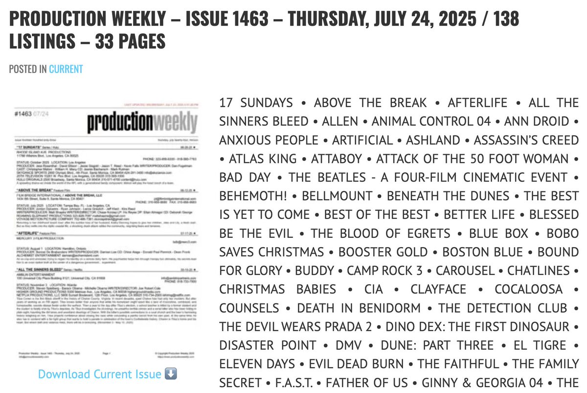 prodweek's tweet image. Download Current Issue ⬇️

Production Weekly - Issue 1463 - Thursday, July 24, 2025 / 138 Listings - 33 Pages

productionweekly.com/production-wee…