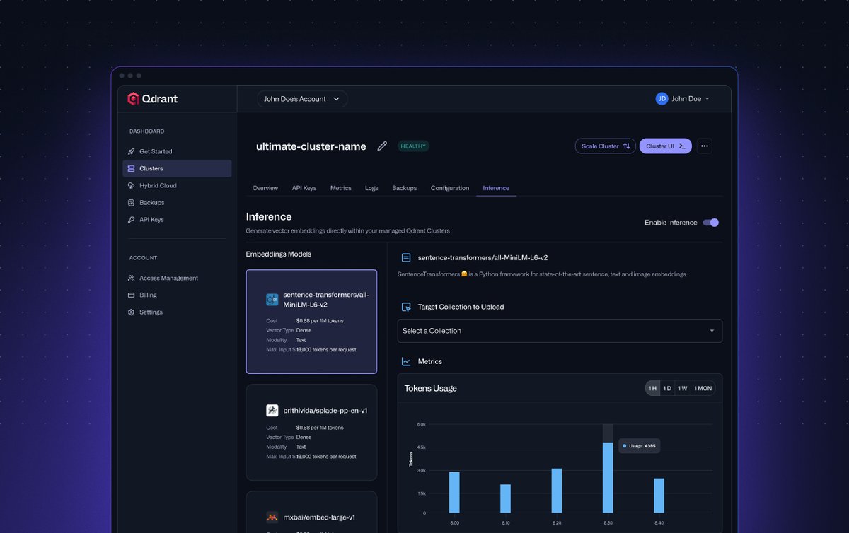 qdrant_engine's tweet image. ๐ Building a hybrid search pipeline with Qdrant Cloud Inference ๐
No need to run your own models or wire up external services. Qdrant Cloud now supports fully managed inference: embed, store, and search - all inside your vector database.
This hands-on tutorial walks youโฆ