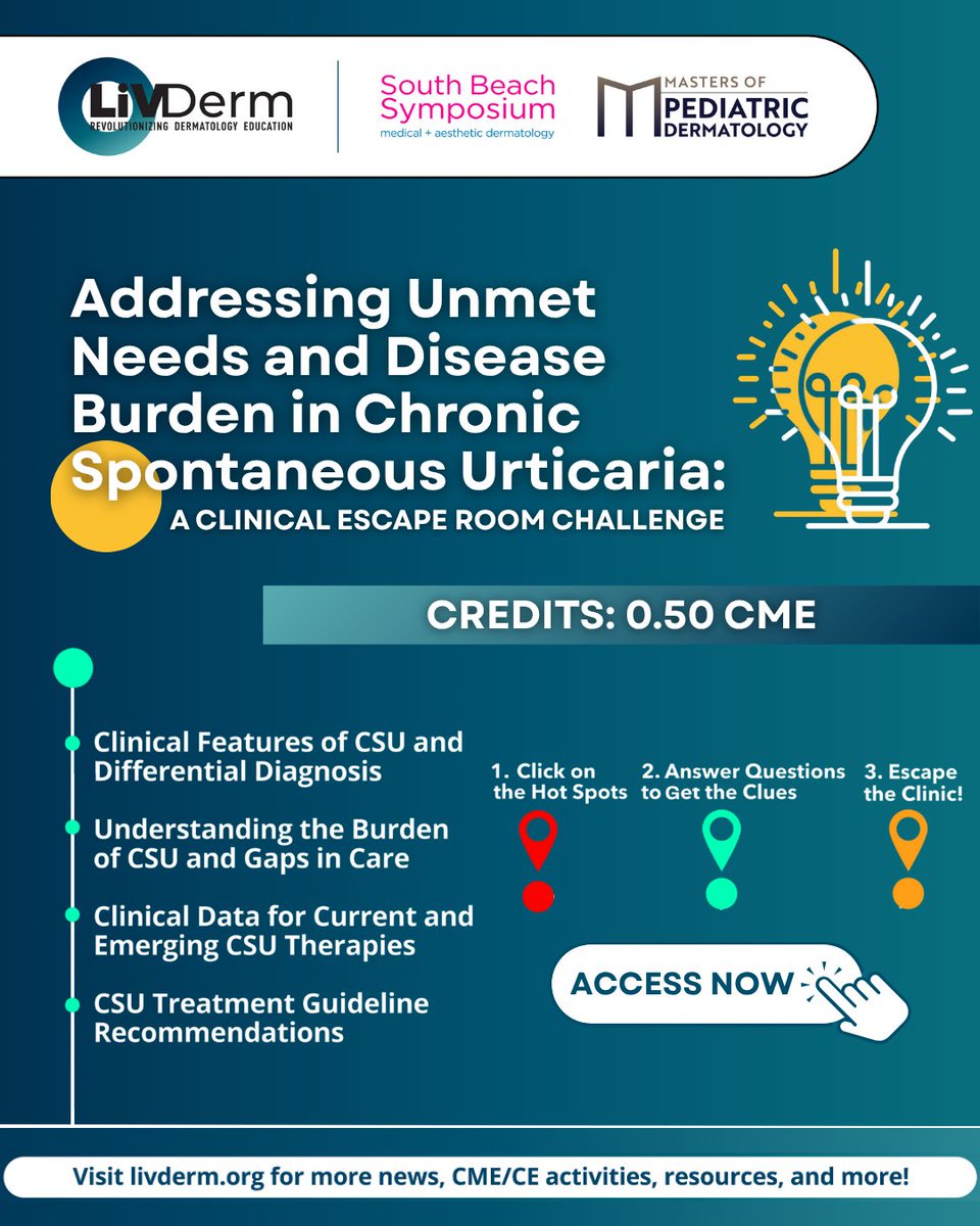 💡 CME Activity! 💡
 
🧩 Join our interactive escape room-style challenge and earn 0.50 CME credit!
 
🔍 Can you solve the case? Start the challenge now: go.livderm.org/4jNs8TP
 
#ChronicSpontaneousUrticaria #CMEActivity #CSU #UrticariaAwareness #MedicalDermatology #LiVDerm