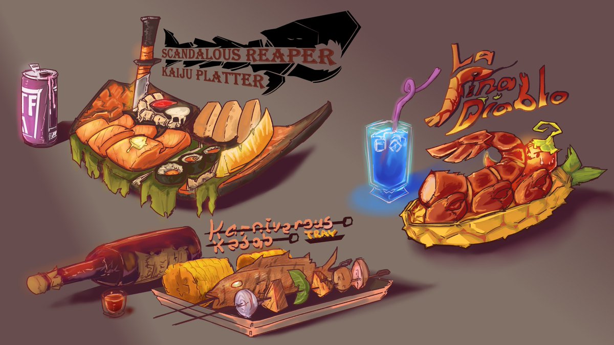 Cordus26's tweet image. Making art pieces of 3 seafood idea after killing a giant sea monster
#digitalart