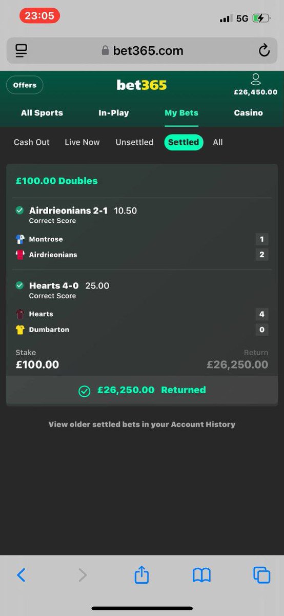 👏 Perfection pays.
Correct score double landed beautifully:

✔️ Airdrieonians 2-1 @ 10.50
✔️ Hearts 4-0 @ 25.00

💸 Total return: £26,250.00 from a £100 stake! 

Consistency, precision, and patience that’s how legends are made. How it works? 
t.me/+AmIB-ubwxxI4M…
