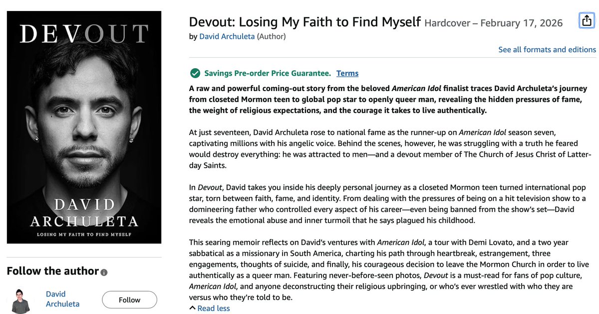 FODFansofDavid's tweet image. You can NOW pre-order @DavidArchie&apos;s upcoming memoir #Devout on @amazon ! Release date is 2/17/26 and is available to pre-order as hardcover, on kindle or as an audiobook! CLICK THE LINK for more!
a.co/d/7yMUrqM