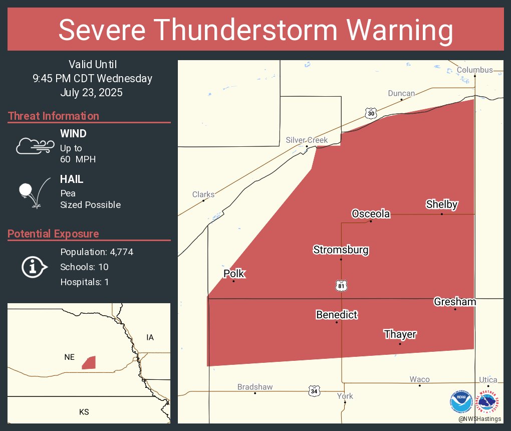 NWSHastings's tweet image. Severe Thunderstorm Warning including Stromsburg NE, Osceola NE and Shelby NE until 9:45 PM CDT
