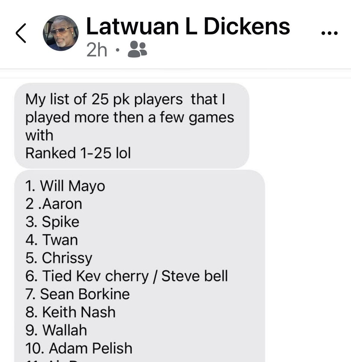 Hey <a href="/SimonePelish/">simone pelish</a> ,

Just scrolling of FB and look at what I came across…

Is that <a href="/AdamPelish/">adam pelish</a> listed in top 10 of #poughkeepsie players Mr. Dickens played against…

Love to see it