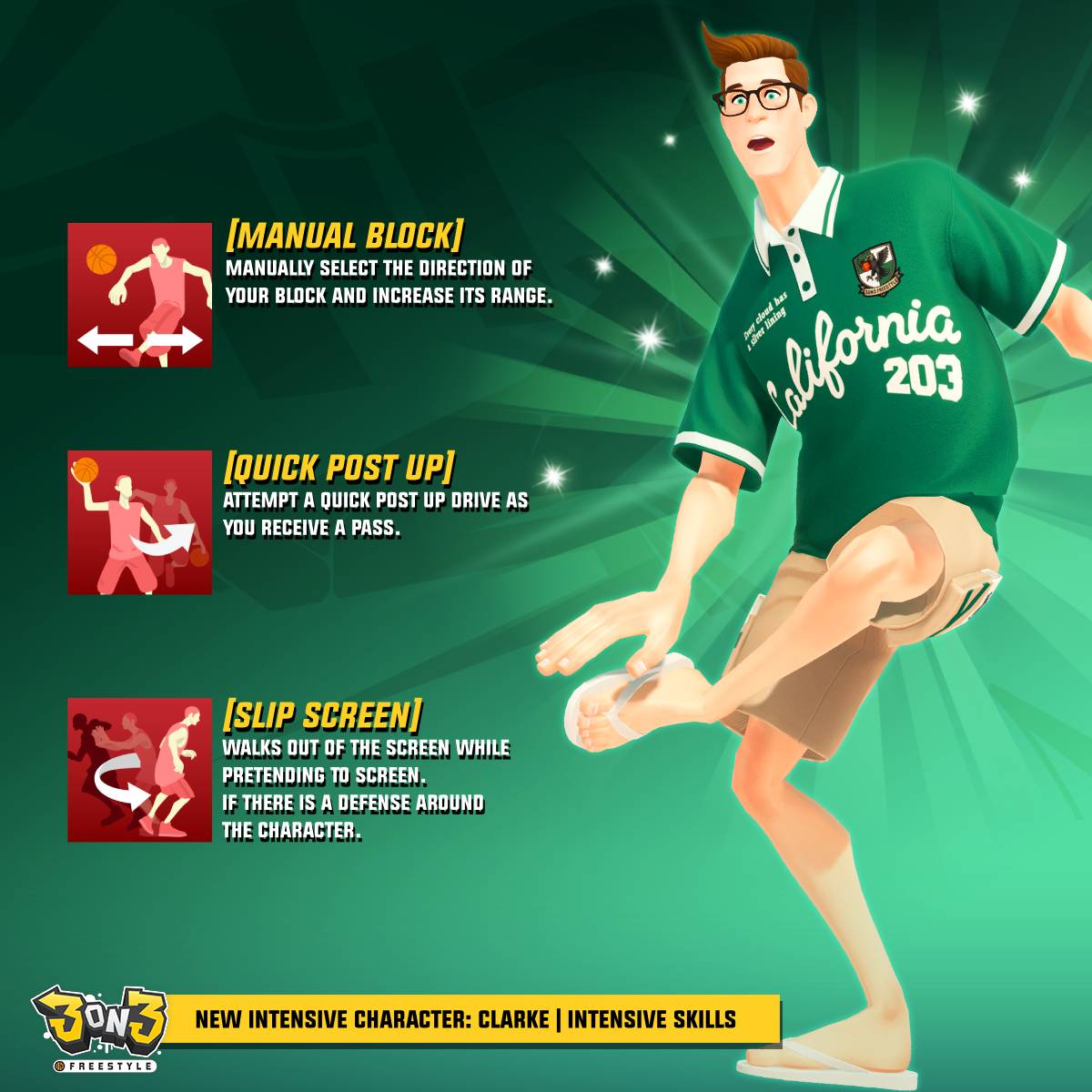 3on3FreeStyle's tweet image. Clarke just hit a whole new level and he's bringing serious heat to the court with his brand-new Intensive Skills!
Check out all the details and see what makes this version of Clarke a total game-changer!
3on3.fsgames.com/newNews/devnot…
#videogame #StreetBasketball #3on3freestyle
