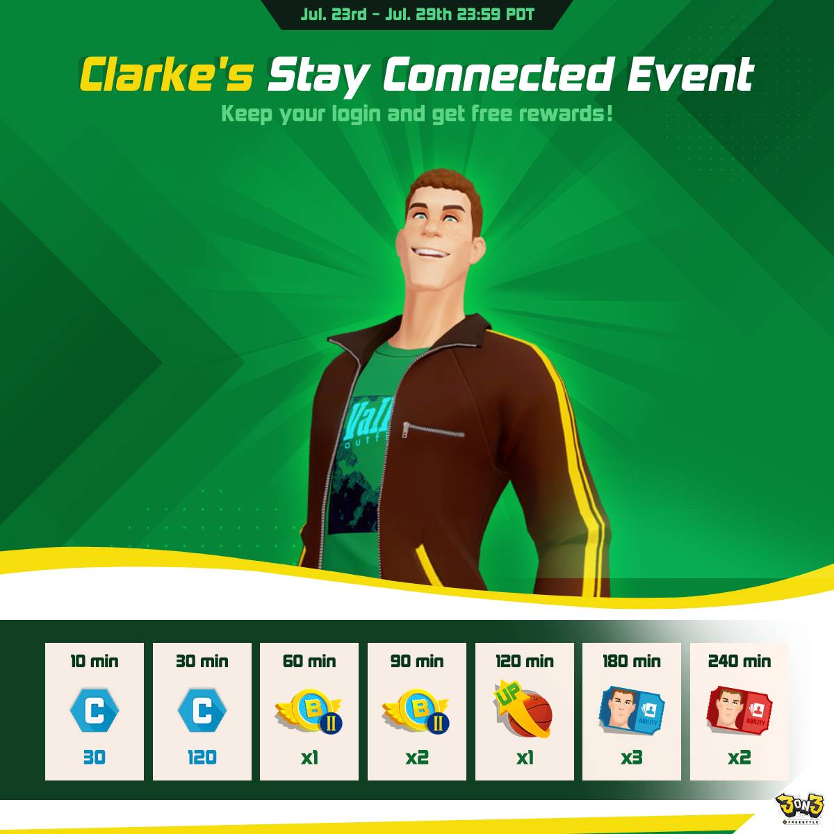 3on3FreeStyle's tweet image. Stay in the game and score big with Clarke's Stay Connected Event! From 07/23 to 07/29 (PDT), the longer you stay online each day, the more rewards you earn—including Clarke Exclusive Box Tickets!
#videogame #StreetBasketball #3on3freestyle