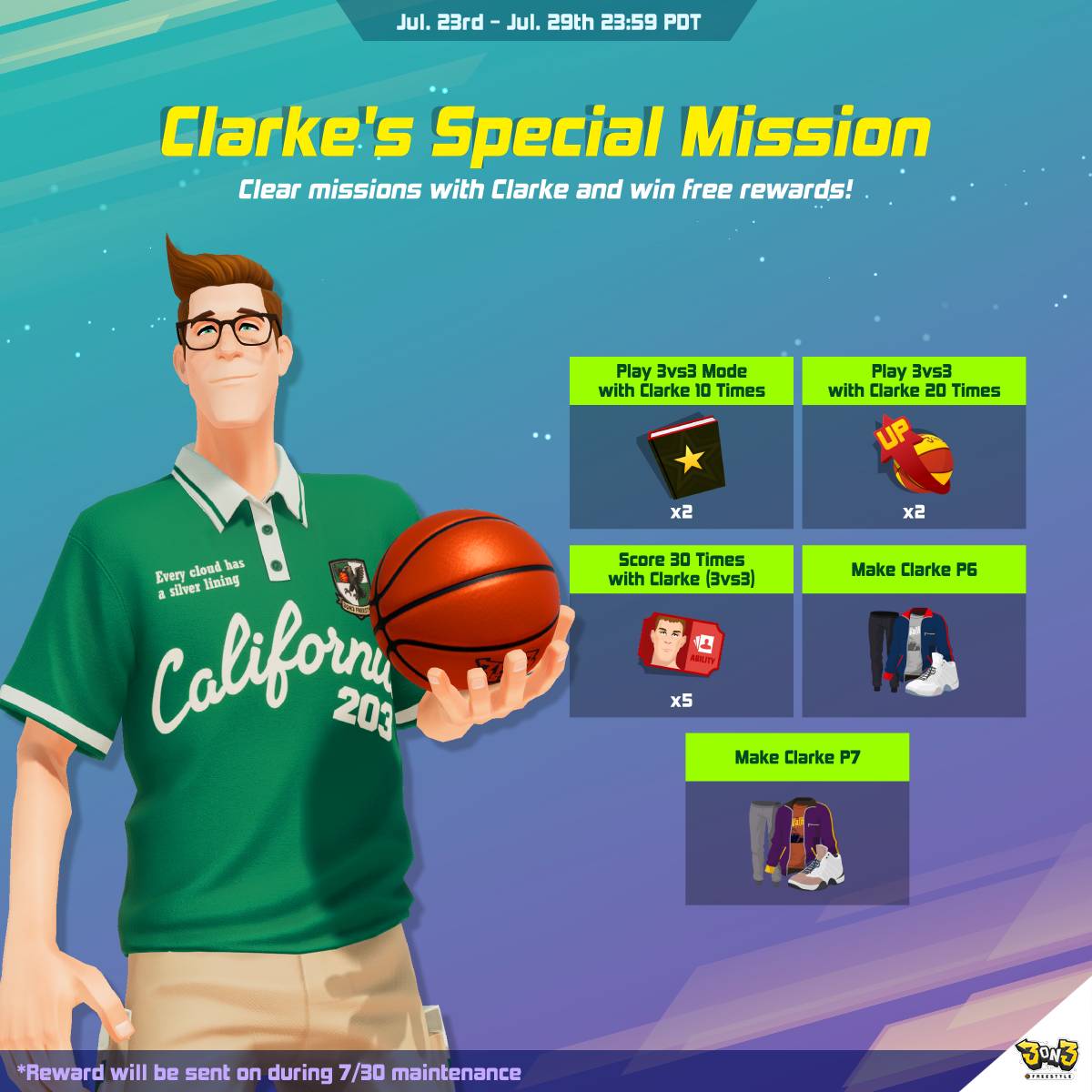 3on3FreeStyle's tweet image. It’s Clarke’s time to shine! Jump into 3vs3 matches, take on special missions, and earn awesome rewards just by playing and growing Clarke!
Unlock exclusive outfits at P6 and P7! Let’s hit those goals together before 07/29 (PDT)!
#videogame #StreetBasketball #3on3freestyle