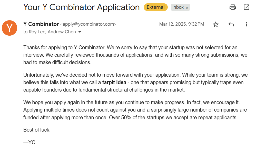 Paolo Shamoon (@shamoonpaolo) on Twitter photo Should Y Combinator explicitly call out tarpit ideas in their rejections?
This would help founders pivot faster and increase quality of second-time YC applicants.
<a href="/daltonc/">Dalton Caldwell</a> <a href="/ycombinator/">Y Combinator</a> <a href="/garrytan/">Garry Tan</a> #ycombinator #tarpitidea Should Y Combinator explicitly call out tarpit ideas in their rejections?
This would help founders pivot faster and increase quality of second-time YC applicants.
<a href="/daltonc/">Dalton Caldwell</a> <a href="/ycombinator/">Y Combinator</a> <a href="/garrytan/">Garry Tan</a> #ycombinator #tarpitidea
