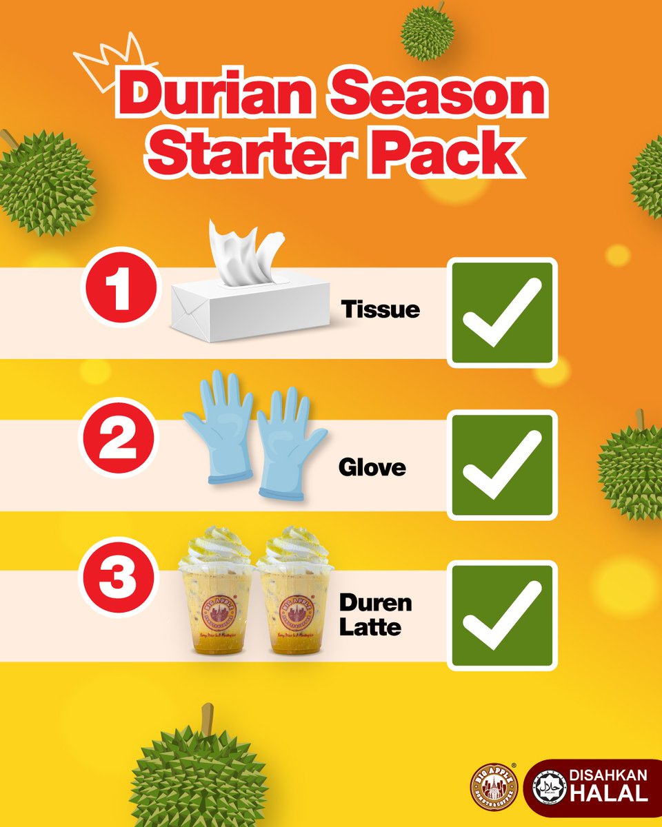 🎉 Durian Season is HERE — and we’ve got your Starter Pack ready! 😍
✅ Tissue 🧻
✅ Glove 👐🏻
✅ Duren Latte (now at 50% OFF!) 🤩
Yup, you read that right! Enjoy the rich, creamy taste of our Duren Latte for HALF the price💛
Get yours now before durian season ends! 😭