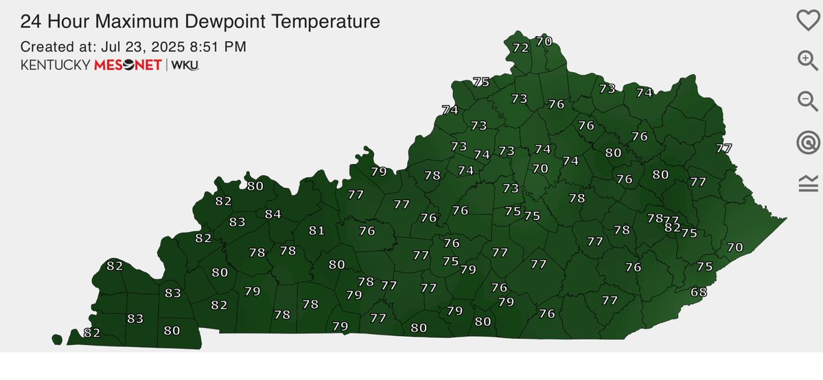 I65WxSils's tweet image. It was mentioned earlier tonight by @MarcWeinbergWX but with all the recent rains, impressive dewpoint temperatures today as some exceeded over 80° of a dT!
83° dT for Mayfield and Benton.
Via @kymesonet
