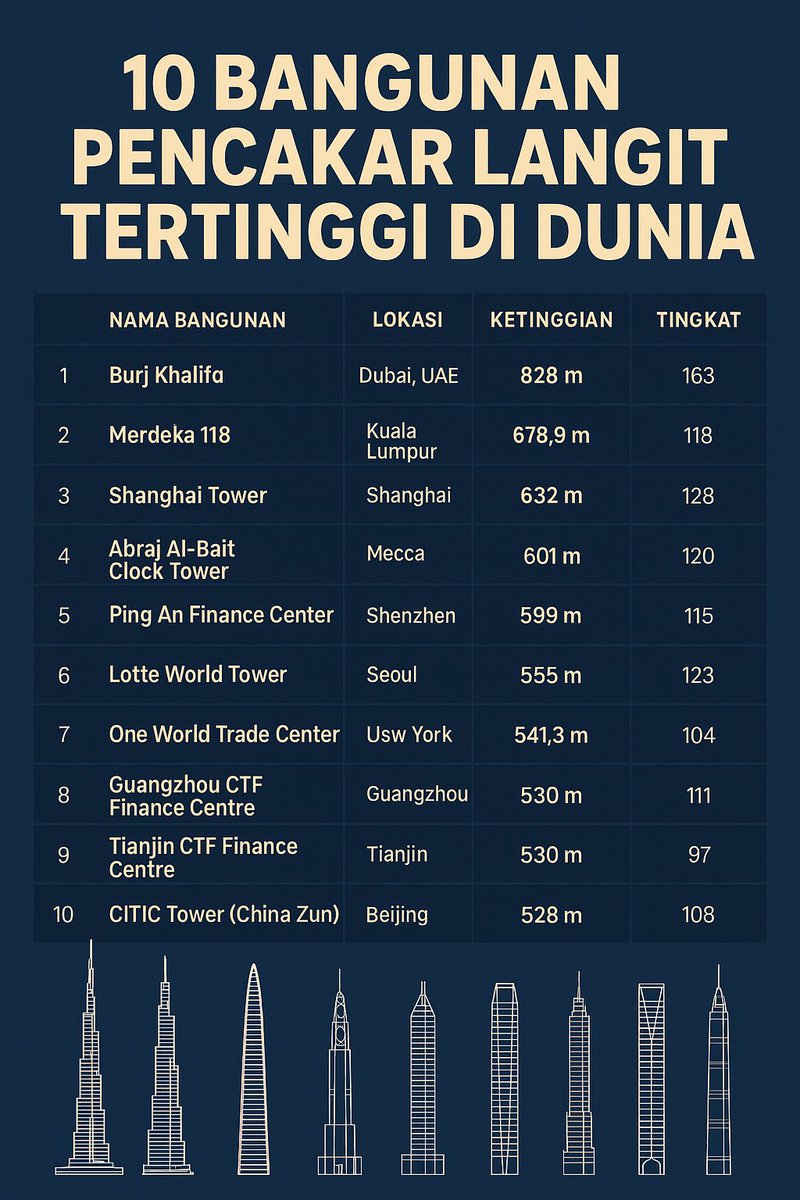 HobinJangHobin_'s tweet image. 🗼10 senarai infografik menara pencakar langit tertinggi di dunia. 🗼
🇲🇾 Fakta Menarik:
Merdeka 118 ialah bangunan tertinggi di Asia Tenggara dan kedua tertinggi di dunia, selepas Burj Khalifa.
Ia dinamakan sempena kemerdekaan Malaysia dan terletak berhampiran Stadium Merdeka.