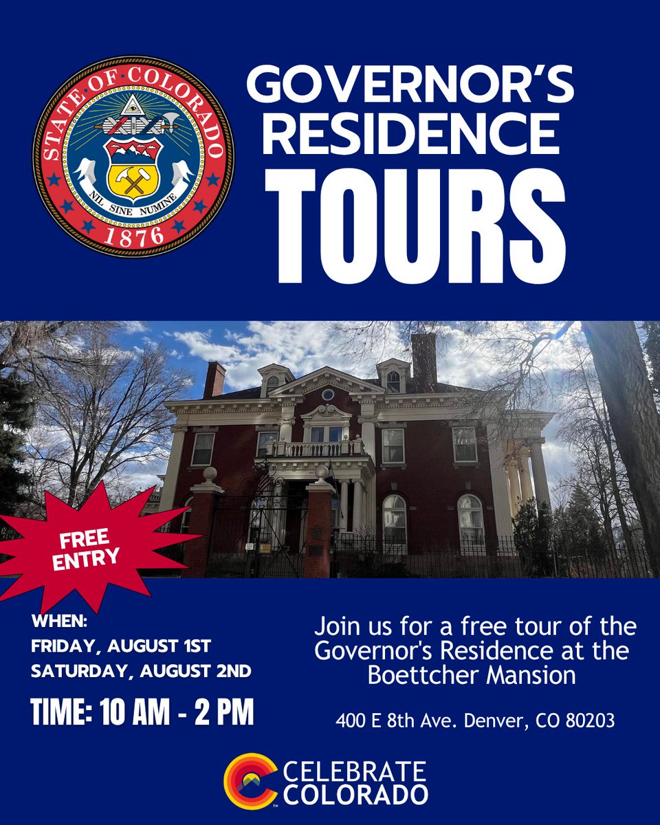 GovofCO's tweet image. As part of our Celebrate Colorado celebrations, we will be hosting free tours at the Governor’s Residence at the Boettcher Mansion, located at 400 E 8th Ave. Denver, CO 80203, on Friday, August 1st and Saturday, August 2nd, from 10 am until 2 pm.
Our knowledgeable team of…