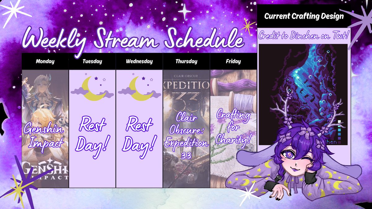 LavOMorph's tweet image. Thank you to @nocteal for the art and help on this, from now on I&apos;ll be posting a graphic for my weekly schedule! The rest of the week can be found below, but detailed times can be found in our discord!