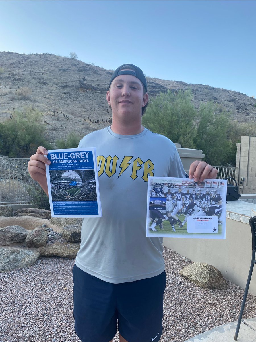 I am very blessed to announce that I have been invited to the Blue-Grey All-American bowl at AT@T Stadium this December! I am excited to showcase my talents on national television this winter.
<a href="/BlueGreyFB/">Blue-Grey All-American Bowl</a> <a href="/DVThunderFB/">Desert Vista Football</a> <a href="/coach_soza/">Coach Soza</a>
